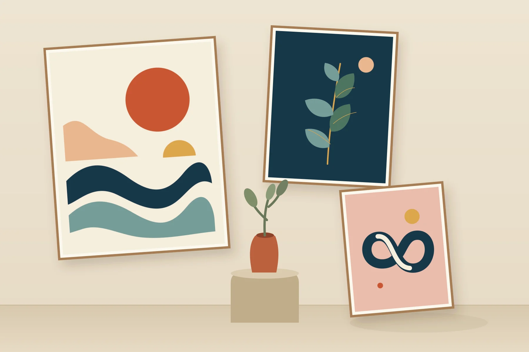 Original Shophical artwork in a warm, colorful gallery arrangement